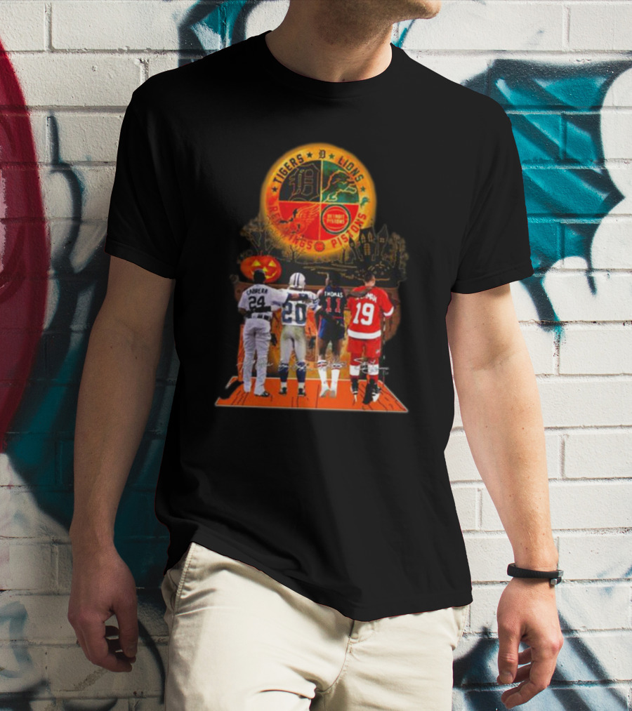 Detroit Tigers Lions Pistons Red Wings Halloween Signatures Cabrera Sanders Thomas Yzerman T-Shirt
