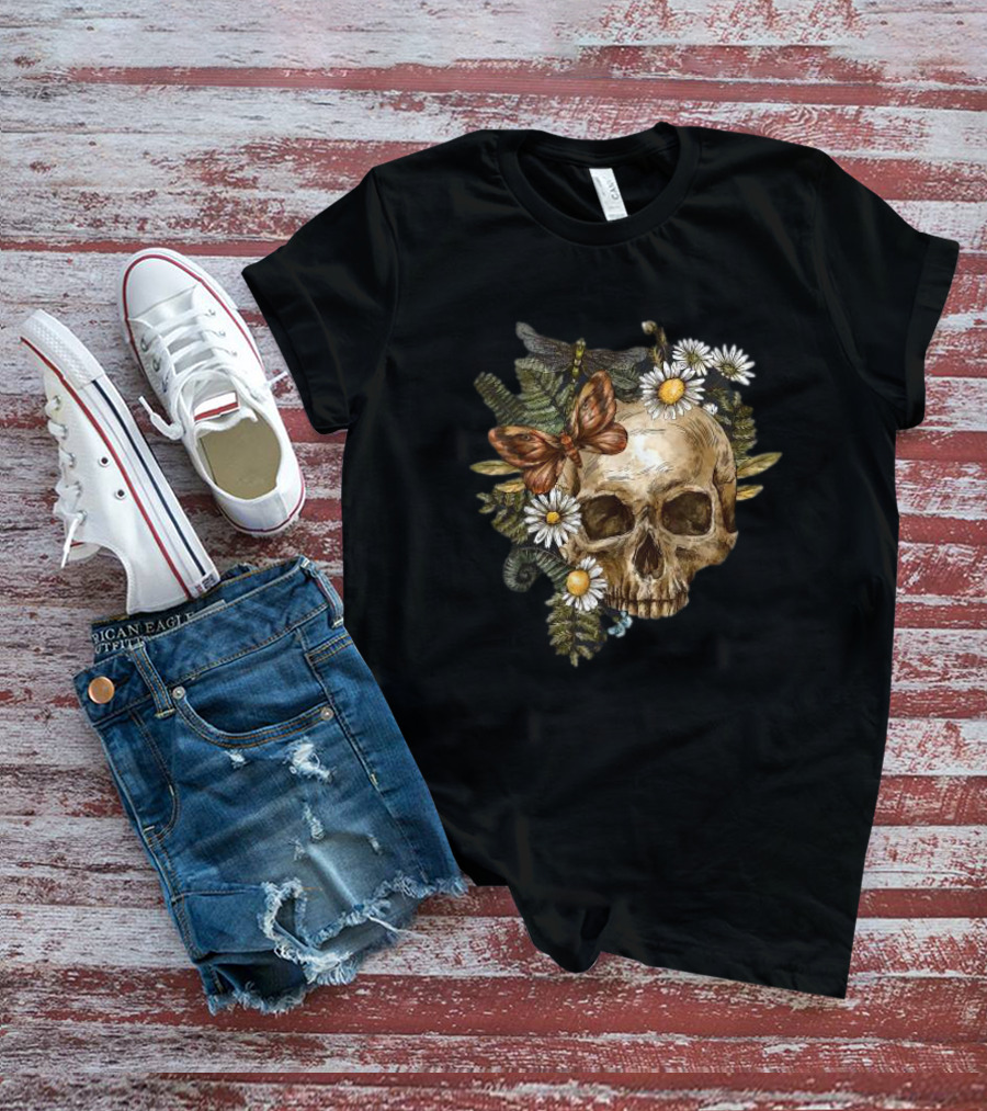 Skull With Butterfly And Dragonfly Surrounded By Autumn Leaves And Daisies T-Shirt
