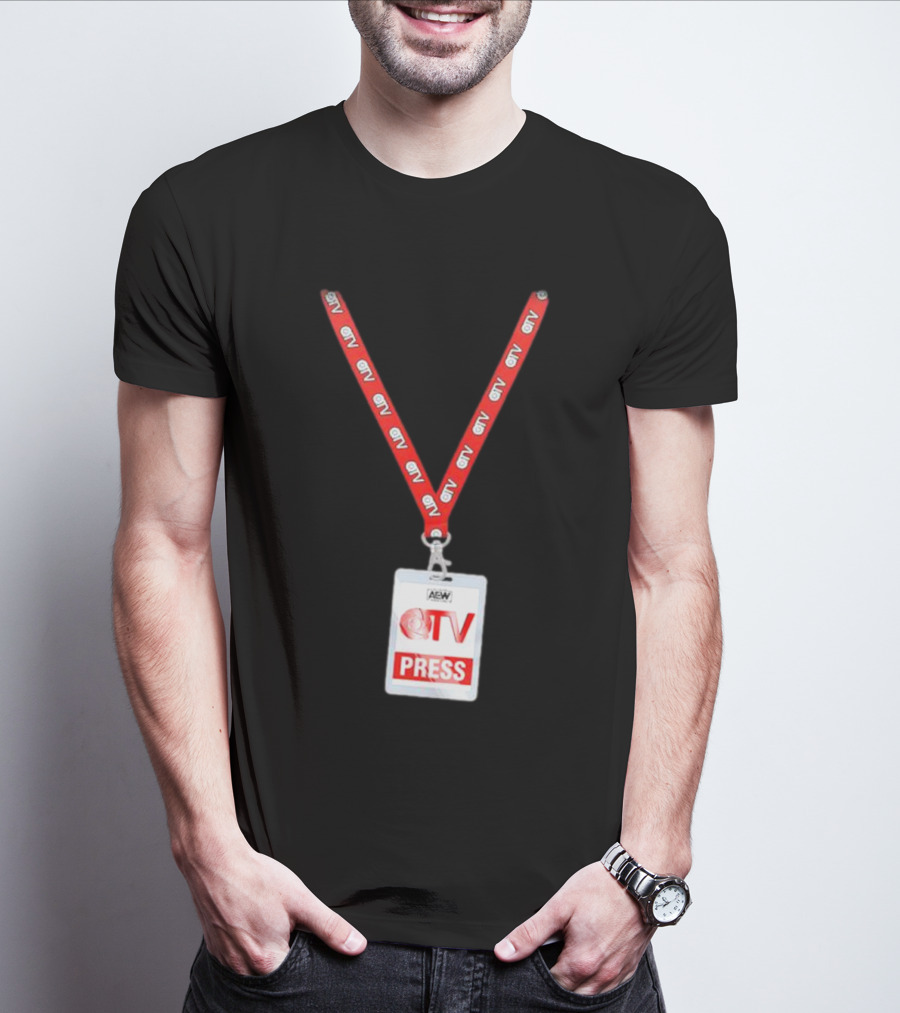 QT Marshall AEW QTV Press Pass Badge With Red Lanyard T-Shirt