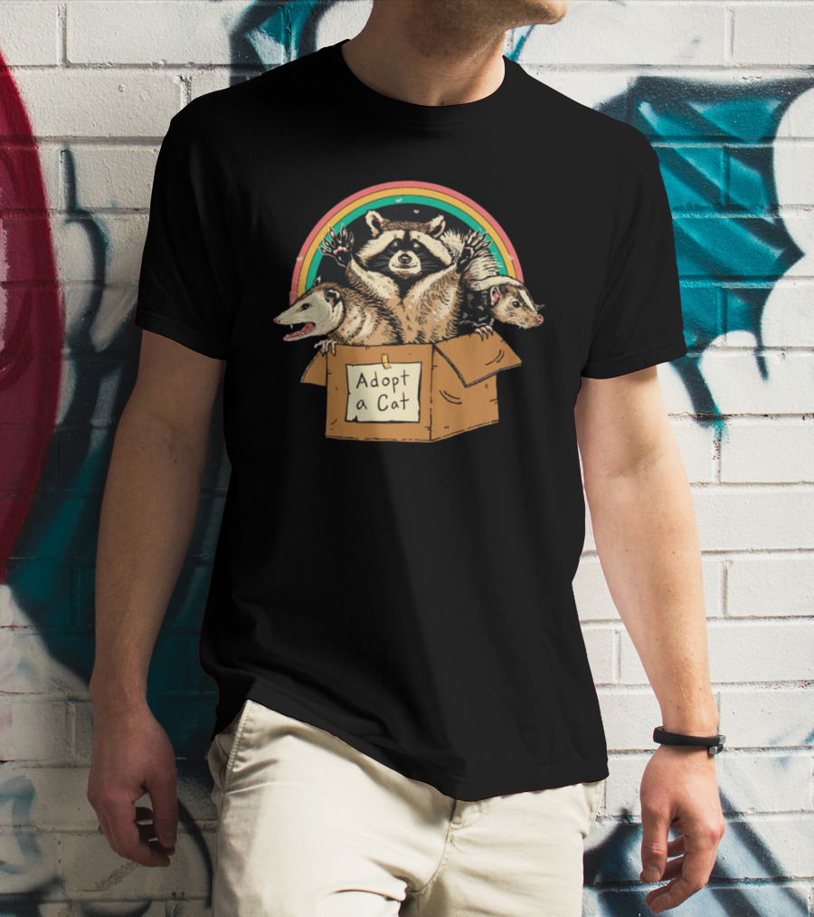 Wicked Clothes Adopt A Cat Raccoon And Opossum In Cardboard Box Rainbow T-Shirt
