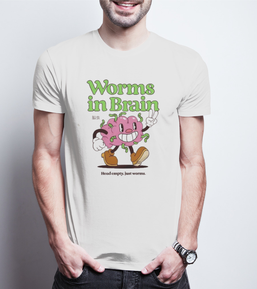 Worms In Brain Head Empty Just Worms Cartoon Brain Peace Sign T-Shirt