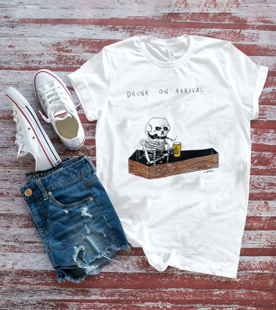 Matt Gray Drunk On Arrival Skeleton In Coffin Holding Drink T-Shirt