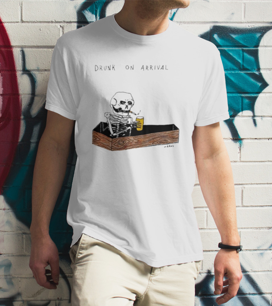 Matt Gray Drunk On Arrival Skeleton In Coffin Holding Drink T-Shirt