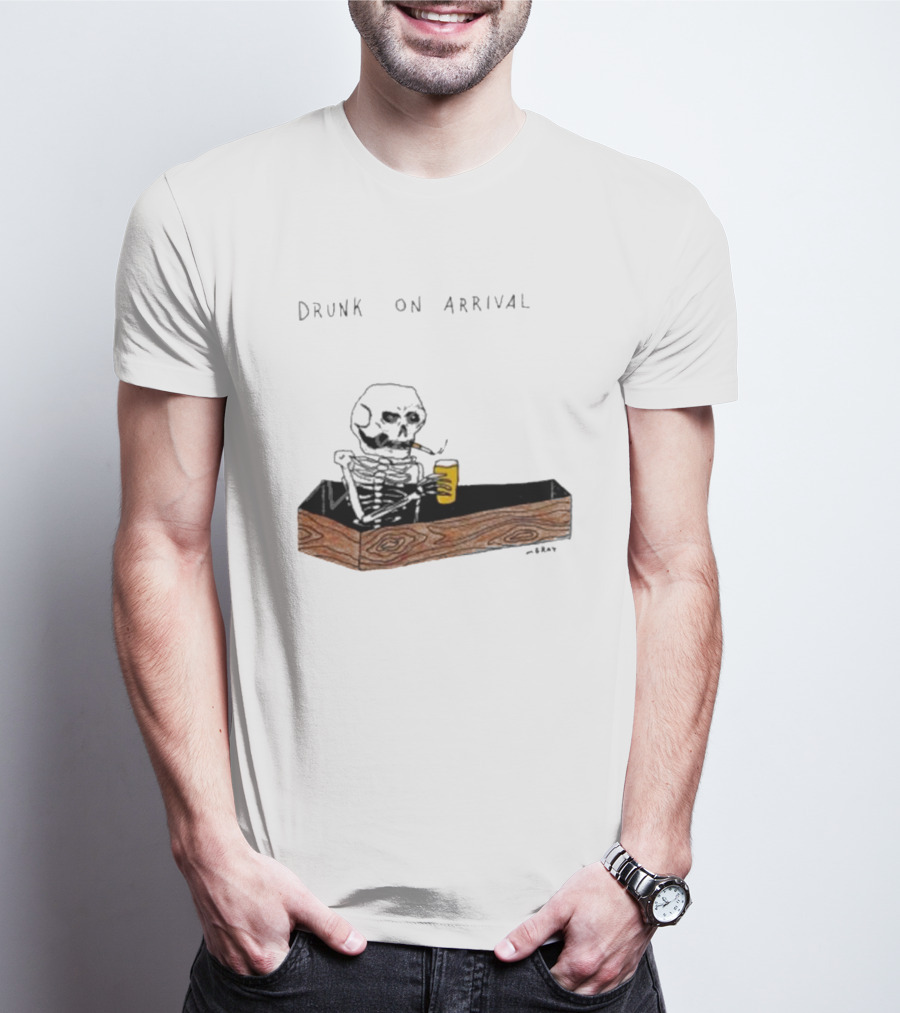 Matt Gray Drunk On Arrival Skeleton In Coffin Holding Drink T-Shirt