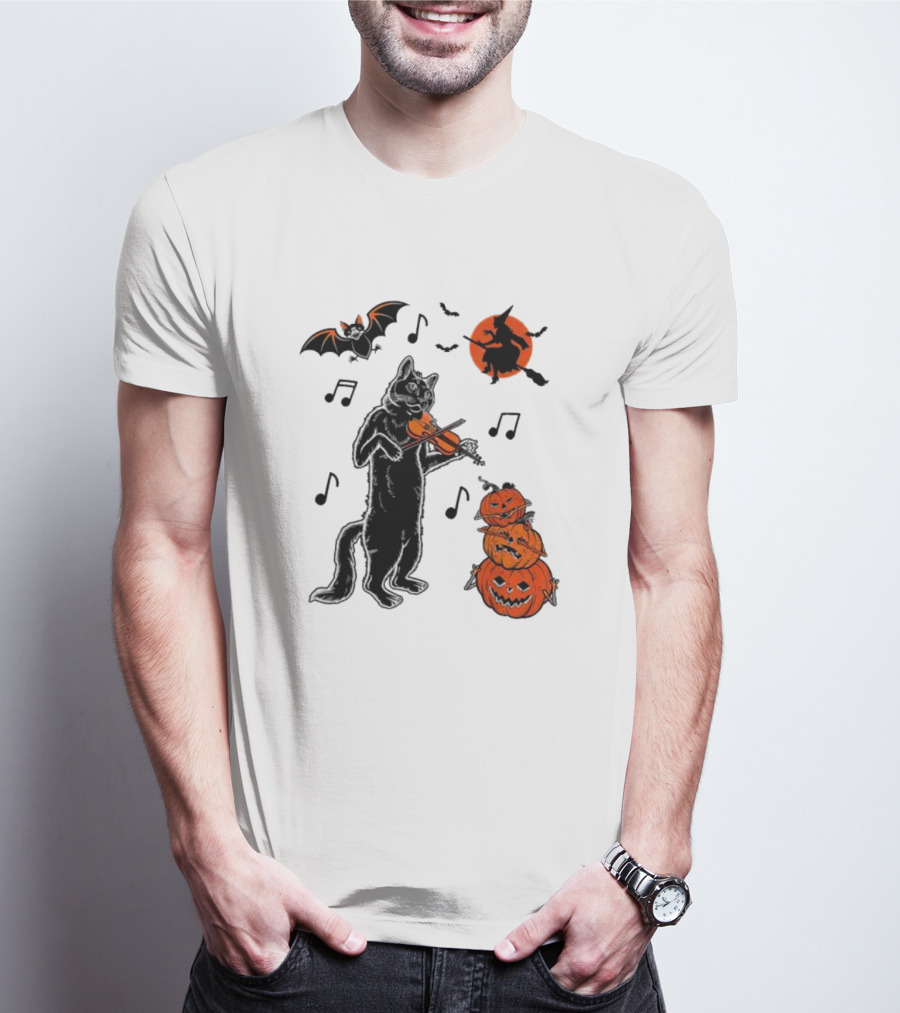 Black Cat Playing Violin With Witch, Devilish Bat, And Stacked Pumpkins Halloween T-Shirt