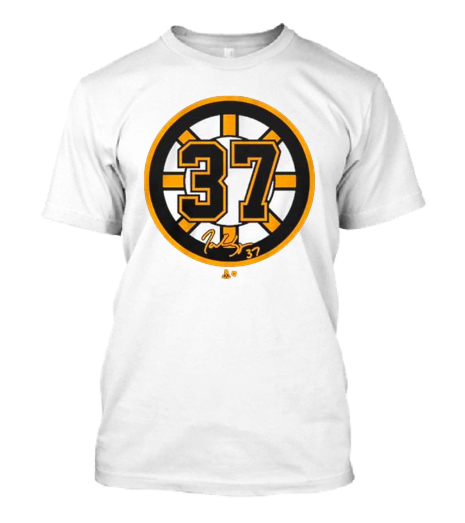 Boston Bruins Patrice Bergeron #37 Black Signature Logo Circle T-Shirt