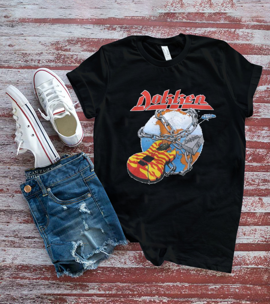 1980s Dokken Rokken With Dokken Flaming Guitar Chained To Globe T-Shirt