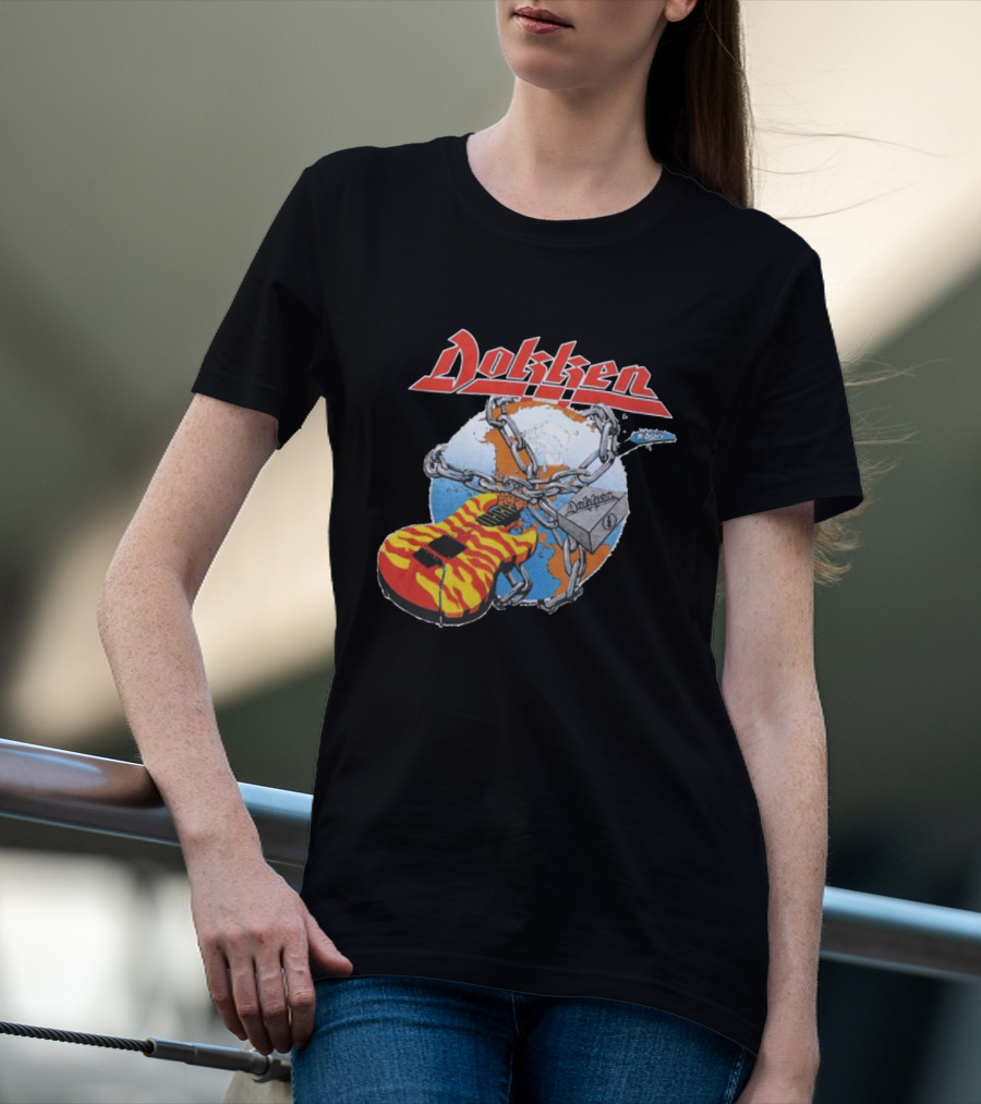 1980s Dokken Rokken With Dokken Flaming Guitar Chained To Globe T-Shirt