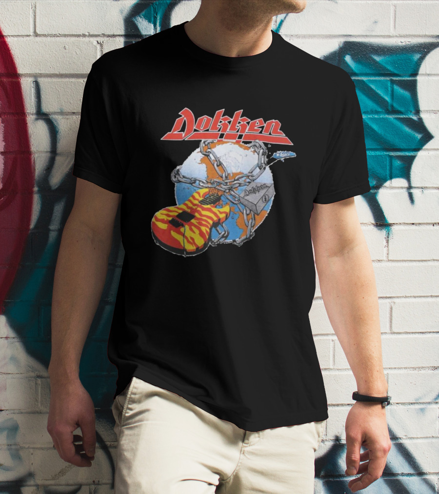 1980s Dokken Rokken With Dokken Flaming Guitar Chained To Globe T-Shirt