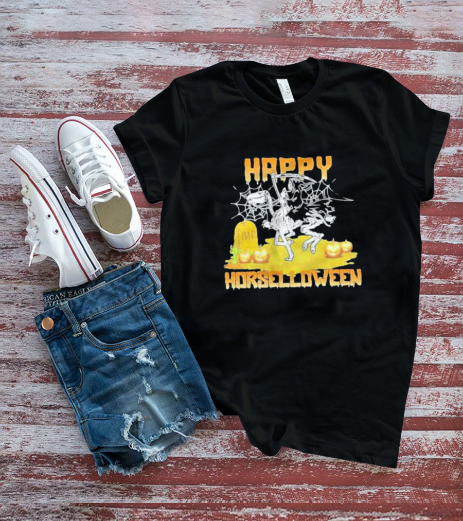 Happy Horselloween Devil Riding Horse Skull Halloween T-Shirt