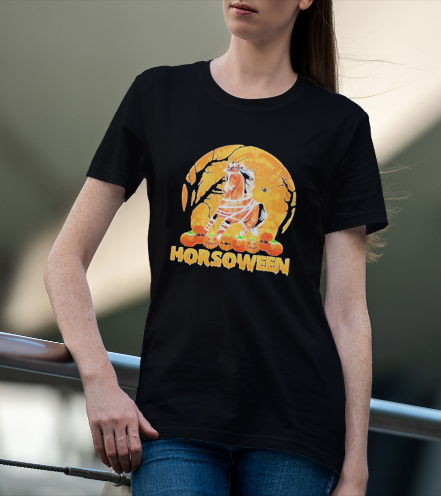 Horsoween Bandaged Horse Spider Web Haunted Pumpkins Red Moon Halloween T-Shirt