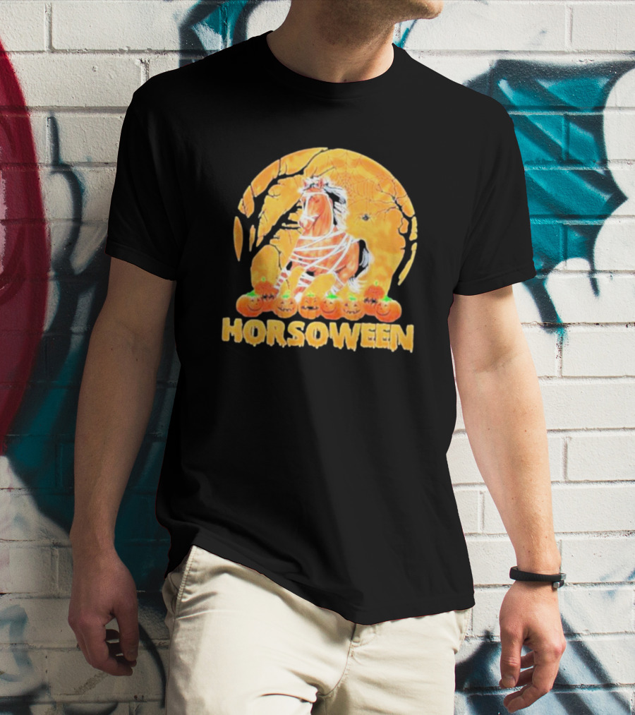 Horsoween Bandaged Horse Spider Web Haunted Pumpkins Red Moon Halloween T-Shirt