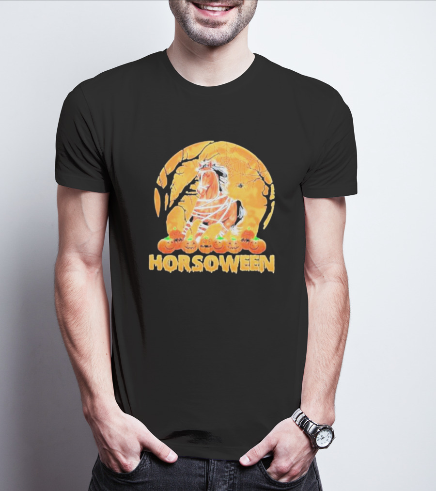 Horsoween Bandaged Horse Spider Web Haunted Pumpkins Red Moon Halloween T-Shirt