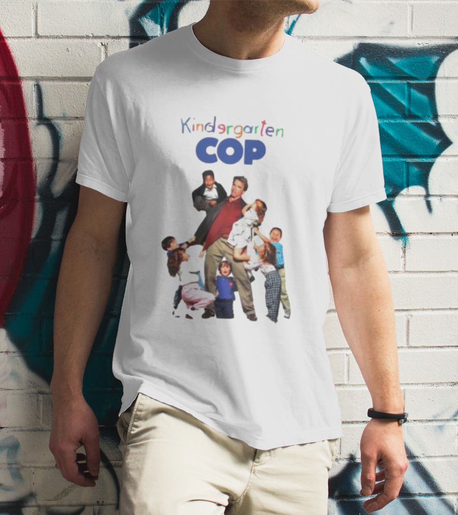 Kindergarten Cop Starring Arnold Schwarzenegger Surrounded By Kids In Colorful Letters T-Shirt