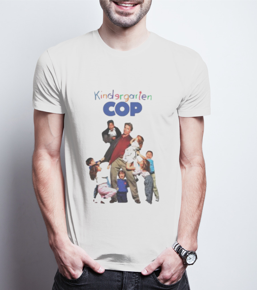 Kindergarten Cop Starring Arnold Schwarzenegger Surrounded By Kids In Colorful Letters T-Shirt