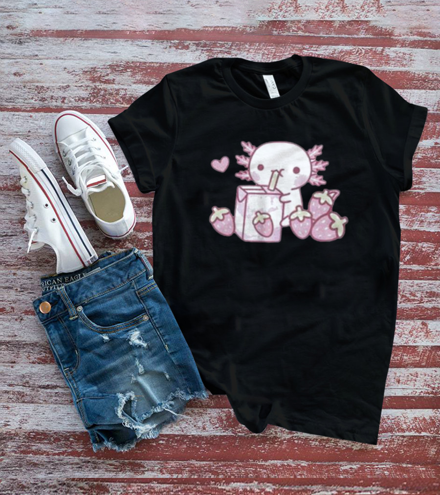 Strawberry Milk Axolotl With Strawberries And Heart T-Shirt