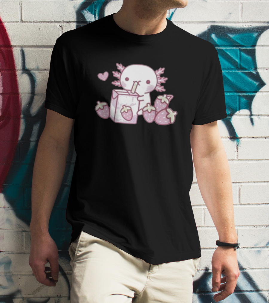 Strawberry Milk Axolotl With Strawberries And Heart T-Shirt