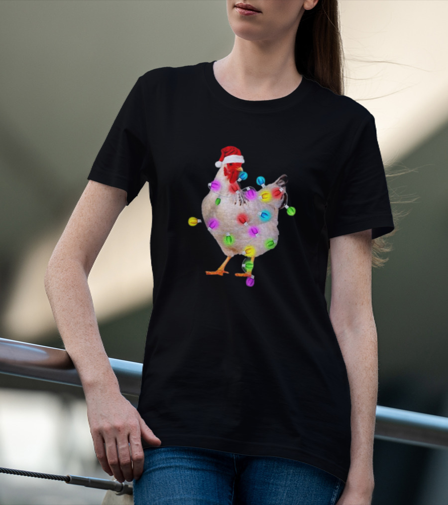 Chicken In Santa Hat With Colorful Christmas Lights T-Shirt