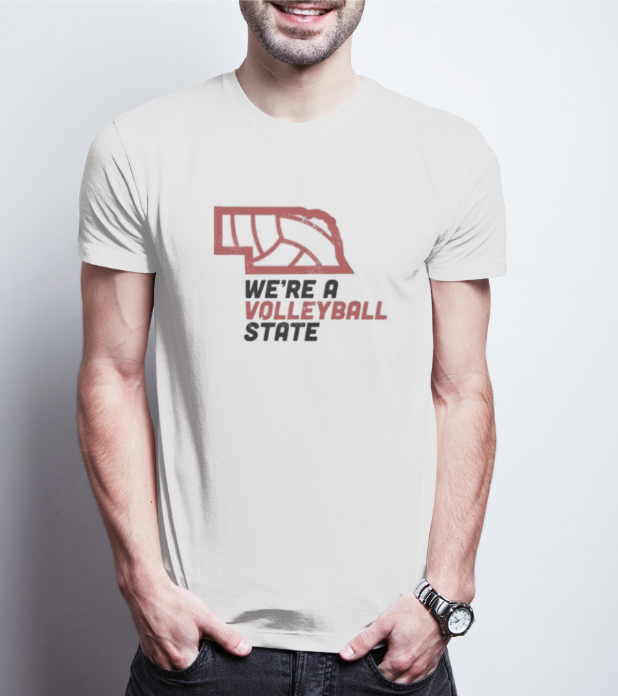 Nebraska We're A Volleyball State Red State Outline Volleyball T-Shirt