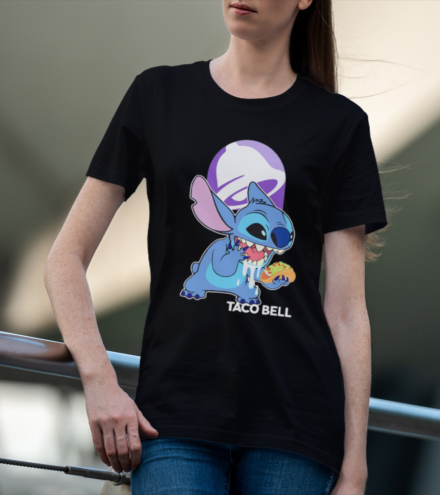 Stitch Eating Taco Bell Tacos With Logo Background T-Shirt