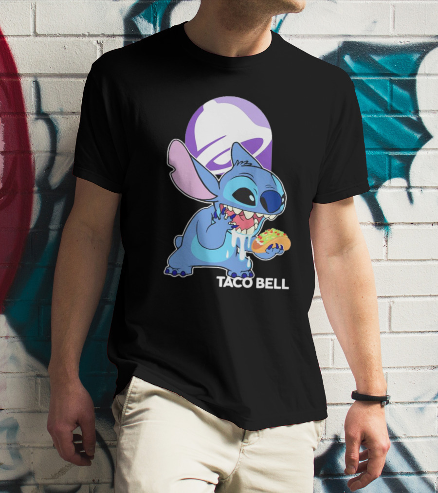 Stitch Eating Taco Bell Tacos With Logo Background T-Shirt