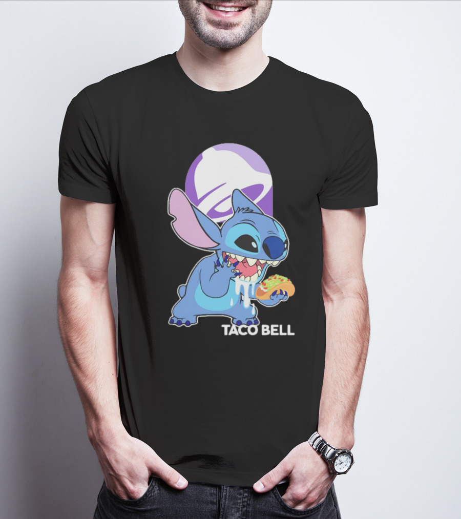 Stitch Eating Taco Bell Tacos With Logo Background T-Shirt