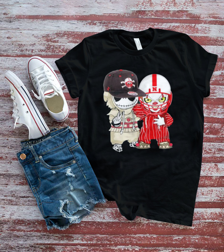 Baby Jack Skellington And Pennywise Nebraska Cornhuskers Halloween Characters T-Shirt