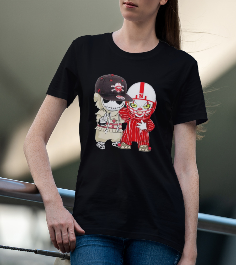 Baby Jack Skellington And Pennywise Nebraska Cornhuskers Halloween Characters T-Shirt