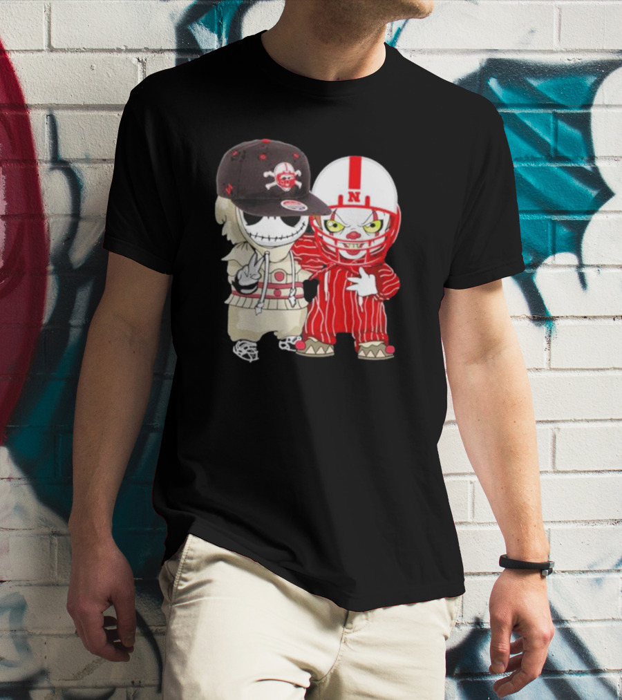 Baby Jack Skellington And Pennywise Nebraska Cornhuskers Halloween Characters T-Shirt