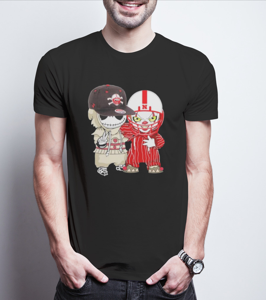 Baby Jack Skellington And Pennywise Nebraska Cornhuskers Halloween Characters T-Shirt