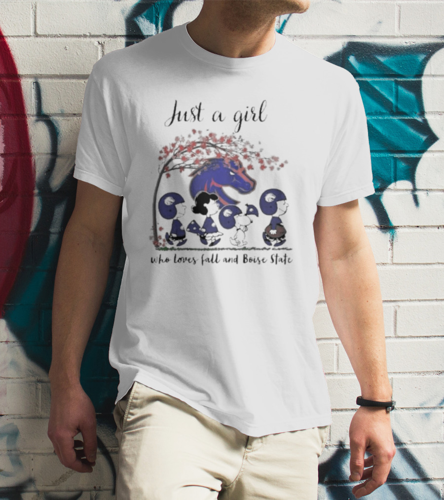 Just A Girl Who Loves Fall And Boise State Broncos Peanuts Snoopy Charlie Brown T-Shirt