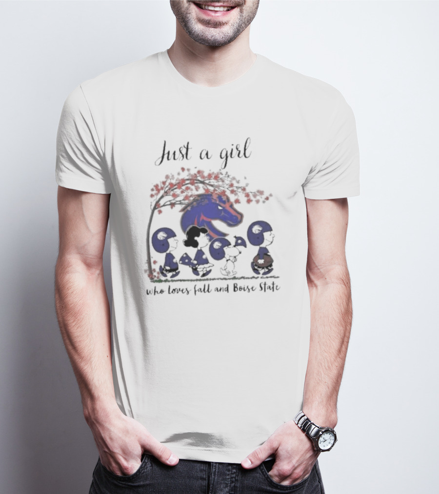 Just A Girl Who Loves Fall And Boise State Broncos Peanuts Snoopy Charlie Brown T-Shirt
