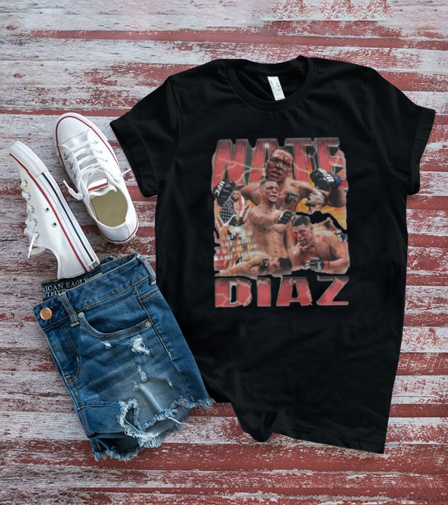 Nate Diaz MMA Fighter Collage With American Flag And Lightning T-Shirt