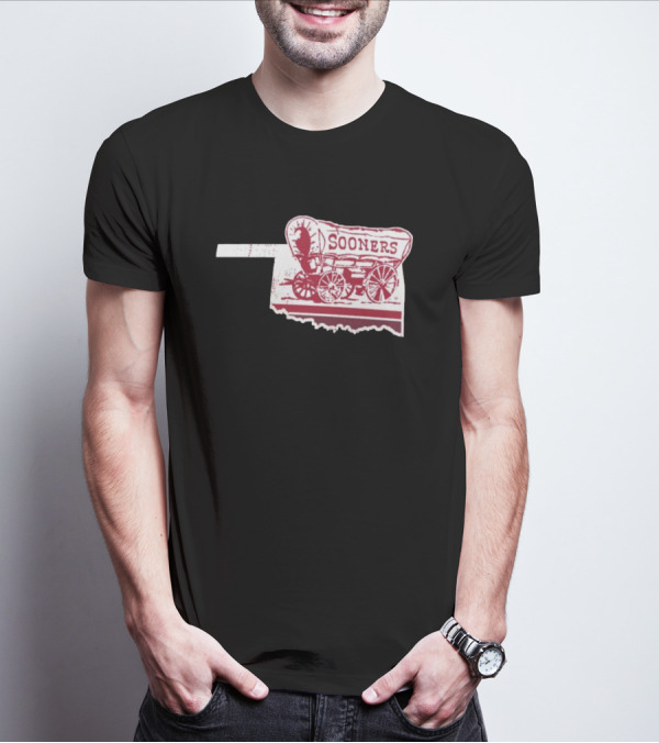 Crimson Oklahoma Sooners Sooner Schooner Wagon Outline Fan T-Shirt