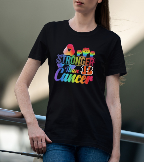 Stronger Than Cancer Cincinnati Bengals NFL Rainbow Ribbon And Fists T-Shirt