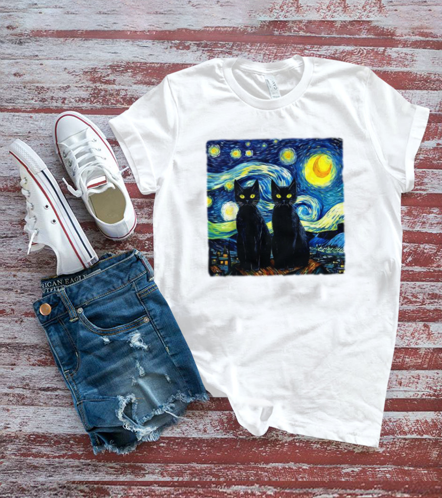 Black Cats Starry Night Vincent Van Gogh Painting Fusion T-Shirt