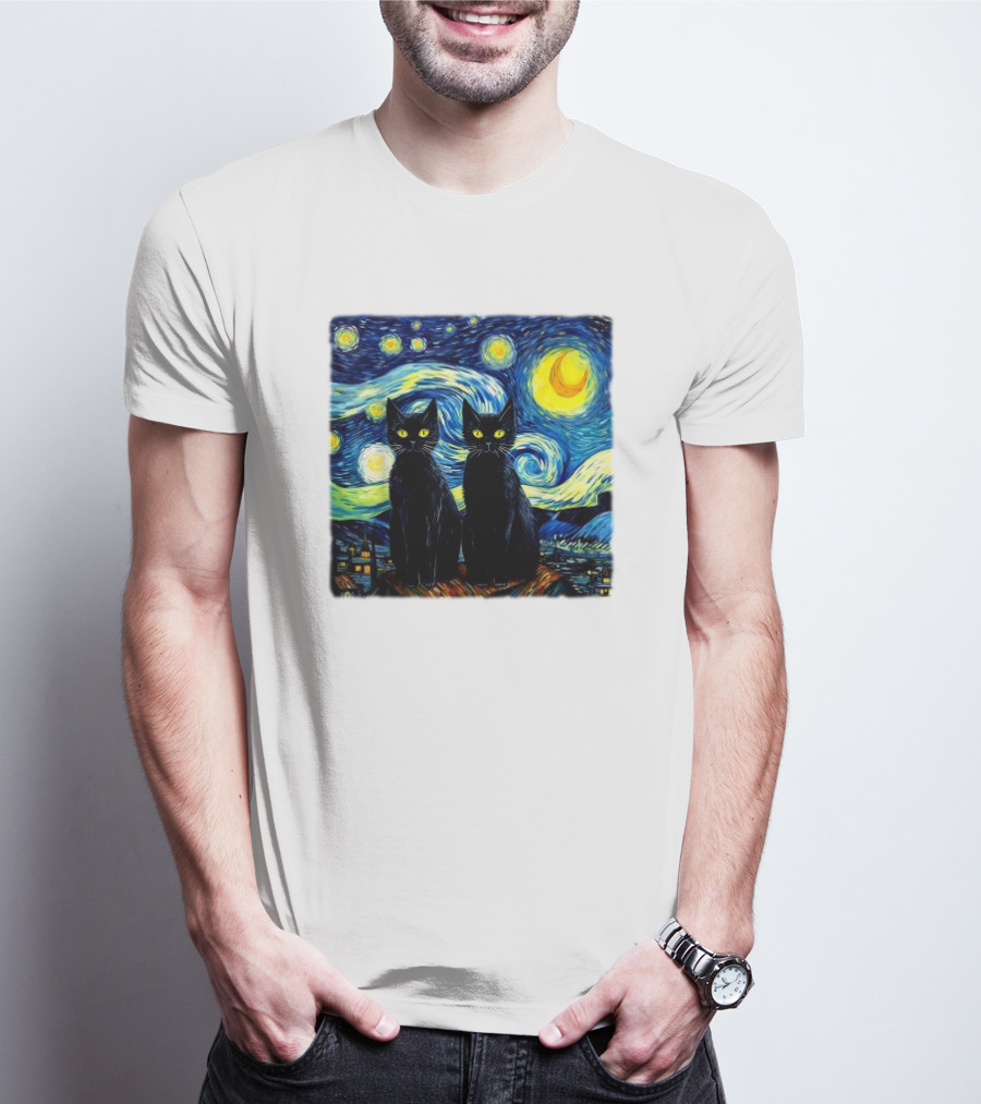 Black Cats Starry Night Vincent Van Gogh Painting Fusion T-Shirt