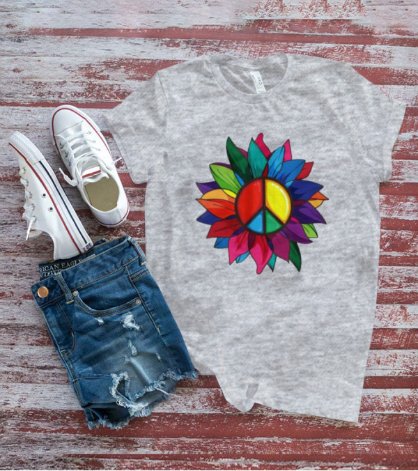 Hippie Rainbow Peace Sign Colorful Flower T-Shirt