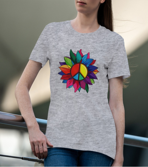 Hippie Rainbow Peace Sign Colorful Flower T-Shirt