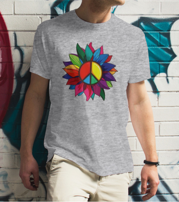 Hippie Rainbow Peace Sign Colorful Flower T-Shirt