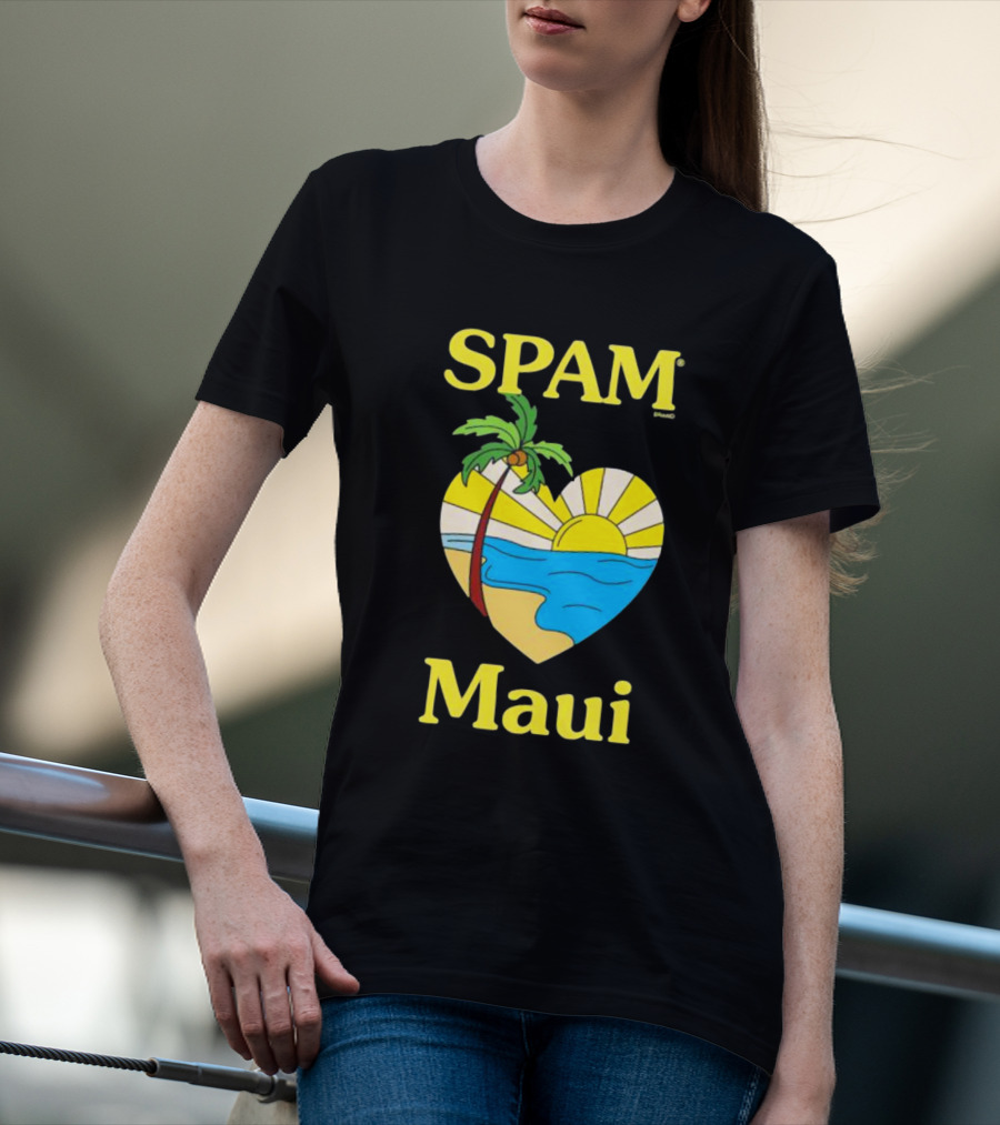 SPAM Brand Maui Heart Beach Sunset And Palm Tree T-Shirt