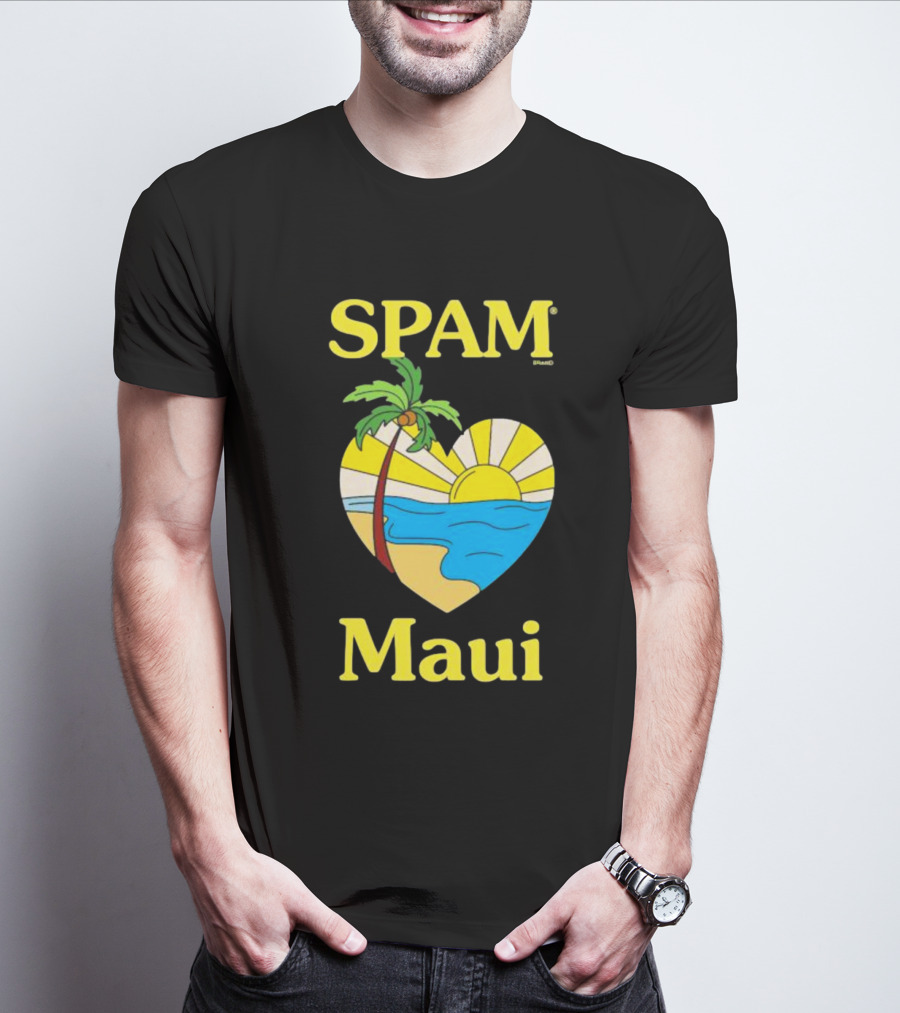 SPAM Brand Maui Heart Beach Sunset And Palm Tree T-Shirt