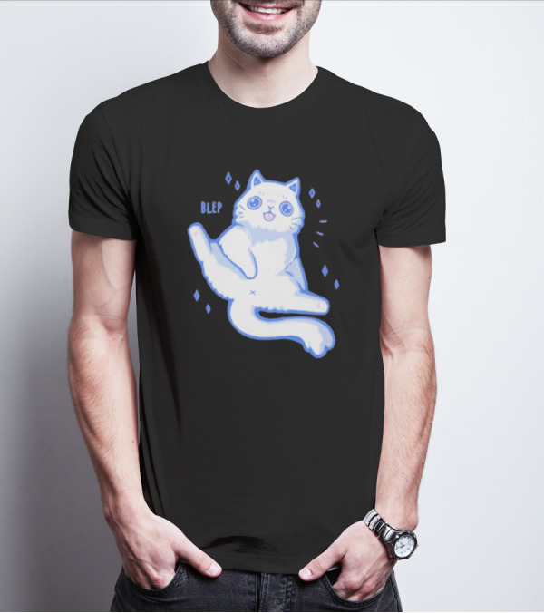 Xmorfina Blep Cute Cat With Tongue Out In Blue And White Cartoon T-Shirt