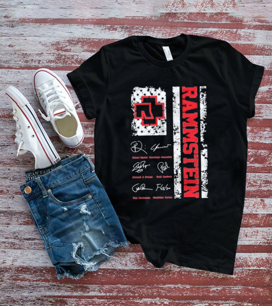 Rammstein Logo With Band Member Signatures And Cross T-Shirt