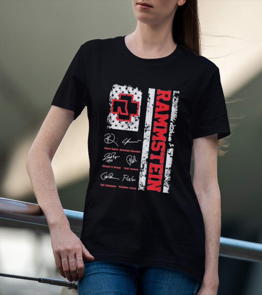 Rammstein Logo With Band Member Signatures And Cross T-Shirt