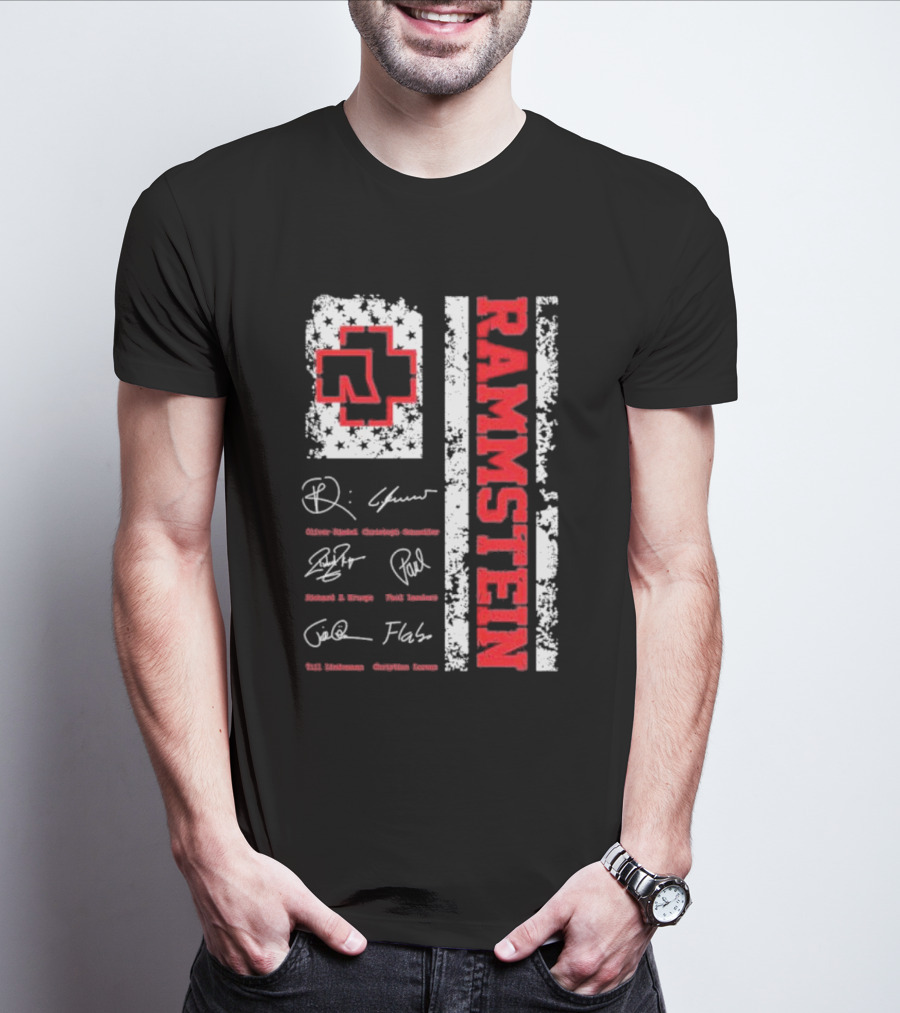 Rammstein Logo With Band Member Signatures And Cross T-Shirt