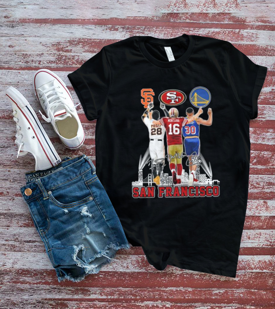 San Francisco Giants 49ers Warriors Buster Posey Joe Montana Stephen Curry Signatures T-Shirt