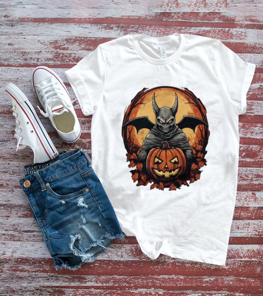 Bat Devil Pumpkin Halloween Moon Shadows T-Shirt