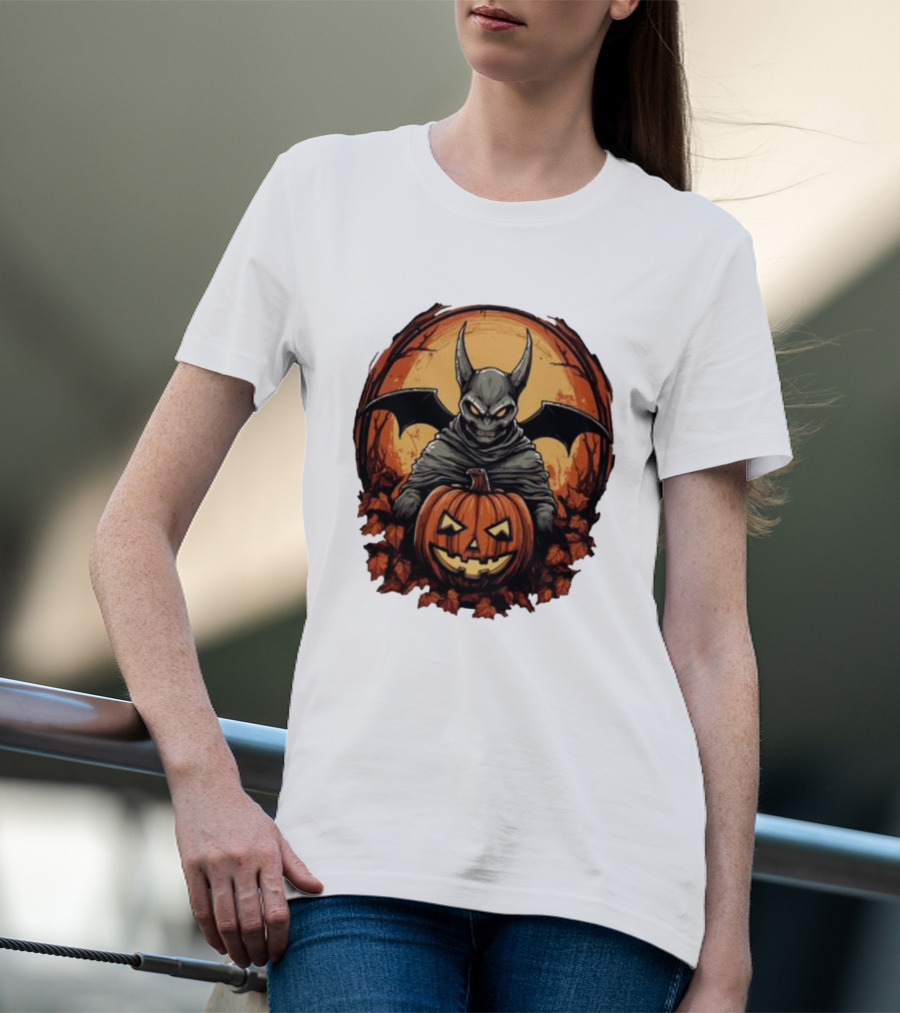 Bat Devil Pumpkin Halloween Moon Shadows T-Shirt