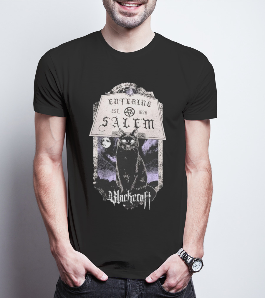 Blackcraft Cult Entering Salem Est. 1626 Black Cat And Crescent Moon Scene T-Shirt